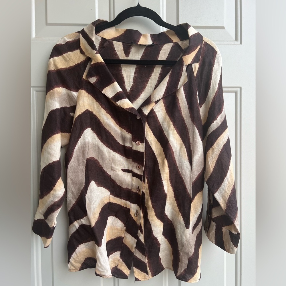 Lafayette 148 New York 100% Linen Button Down Shirt Zebra brown&tan Print Size 6